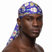 Cinco De Mayo Indigo festive Satin Silky Durag worn by male model, front view on white background