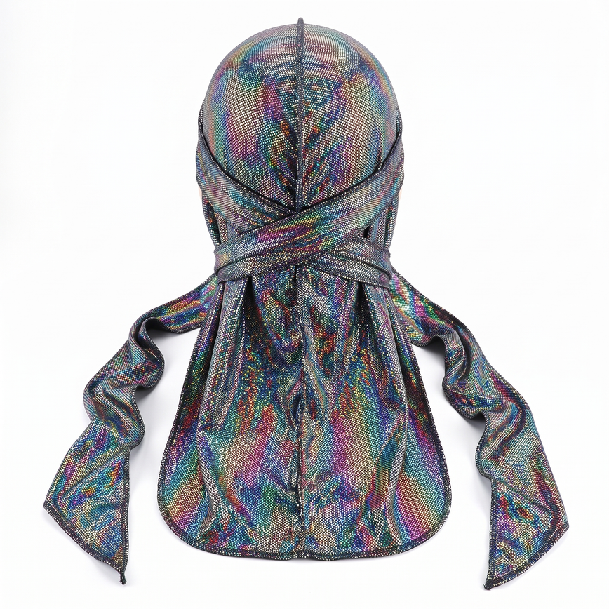 Premium Hologram Sparkle Velvet Durag - premium durag back view showing wrap straps, tail and stitching