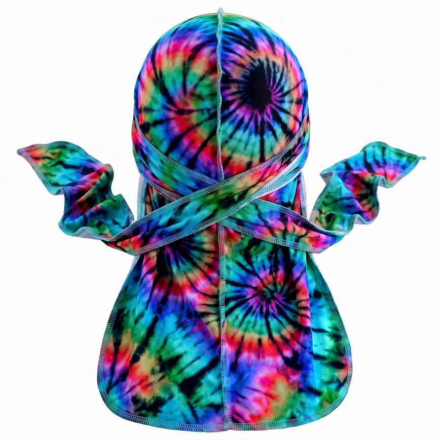 Elite Pattern Multi-Color Mind Bend Durag - premium durag back view showing wrap straps, tail and stitching