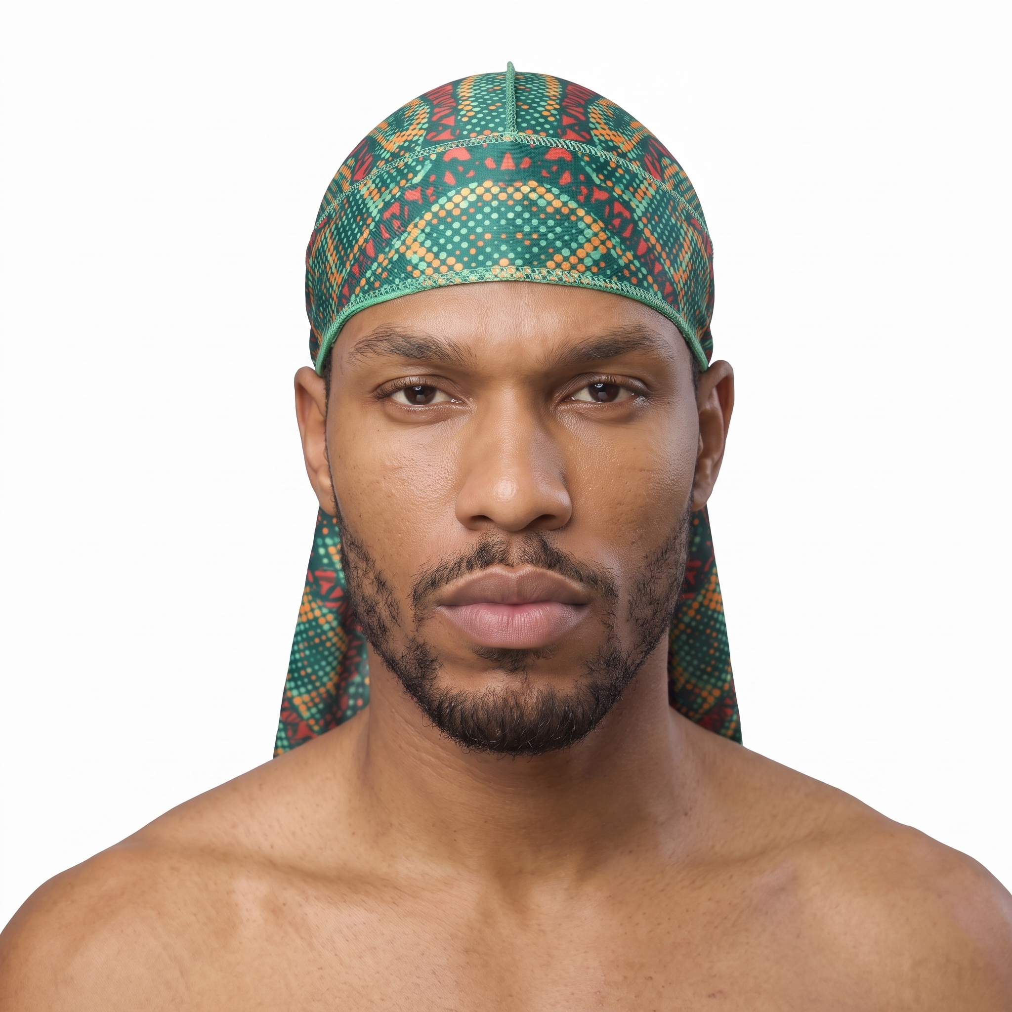 Digital Chameleon Prey pixel camo Satin Silky Durag worn by male model, front view on white background