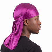 Premium Magenta Purple Silk Durag worn by male model, side profile showing fit and tail drape