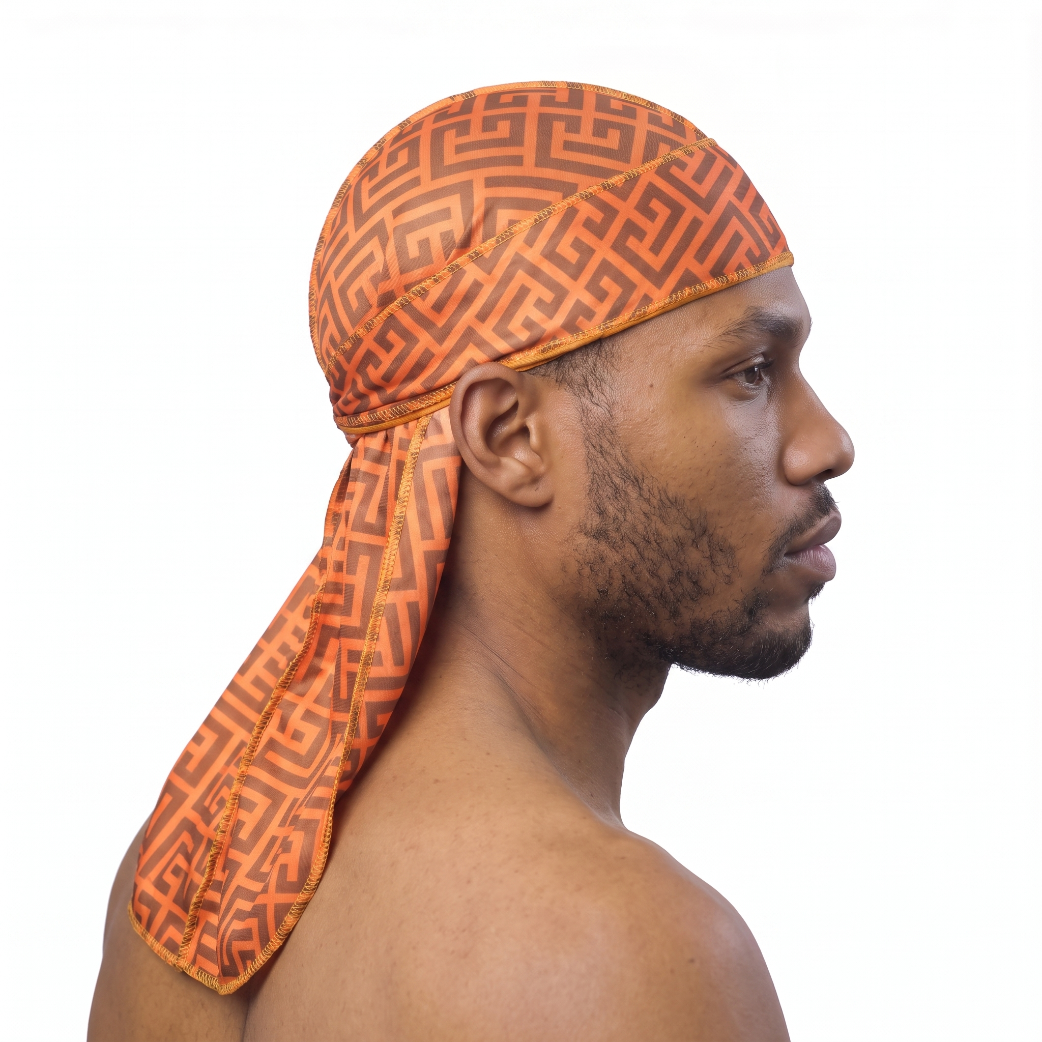 Orange and Brown Maze geometric Satin Silky Durag worn by male model, side profile showing fit and tail drape