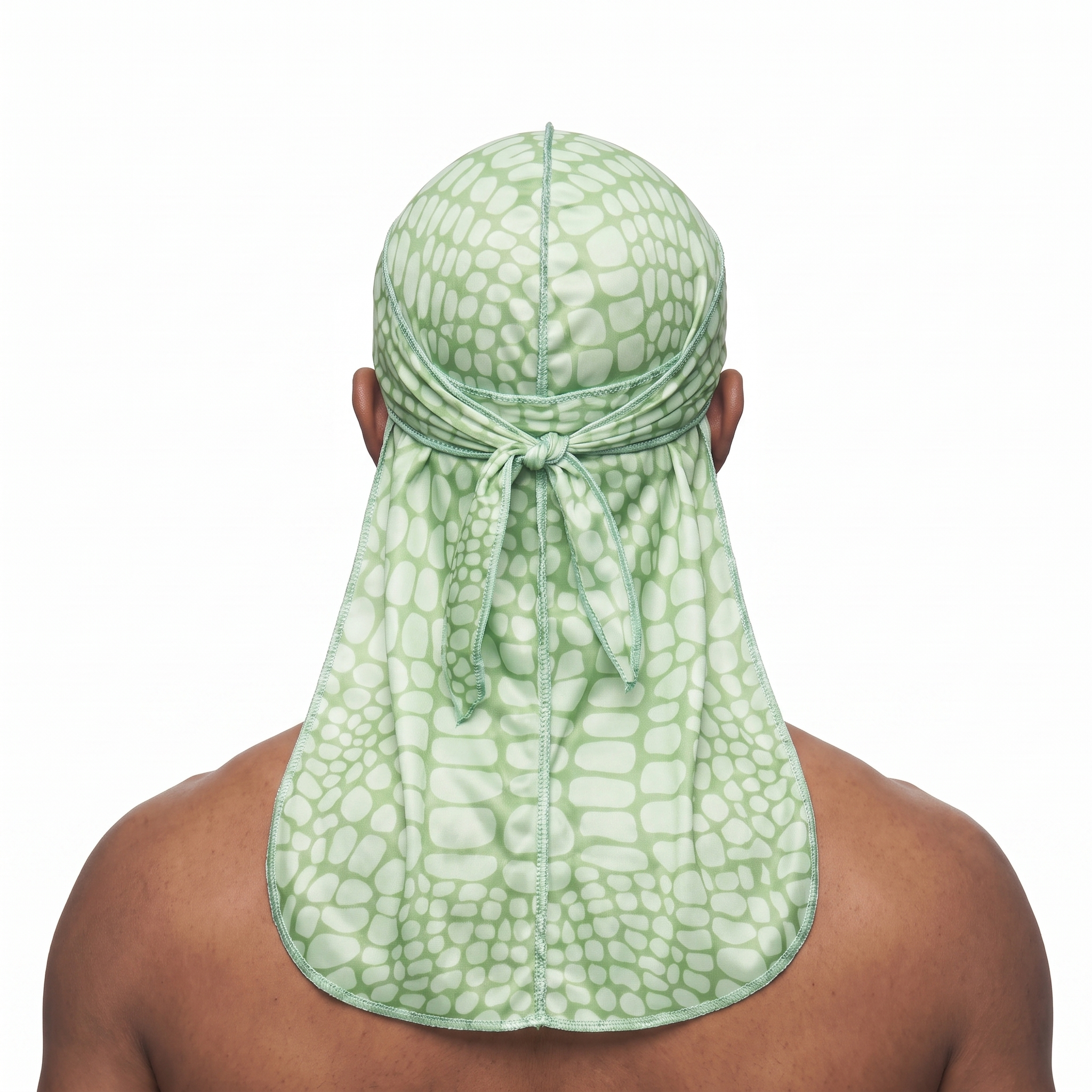 Green crocodile skin Satin Silky Durag worn by male model, back view showing tied wrap and tail