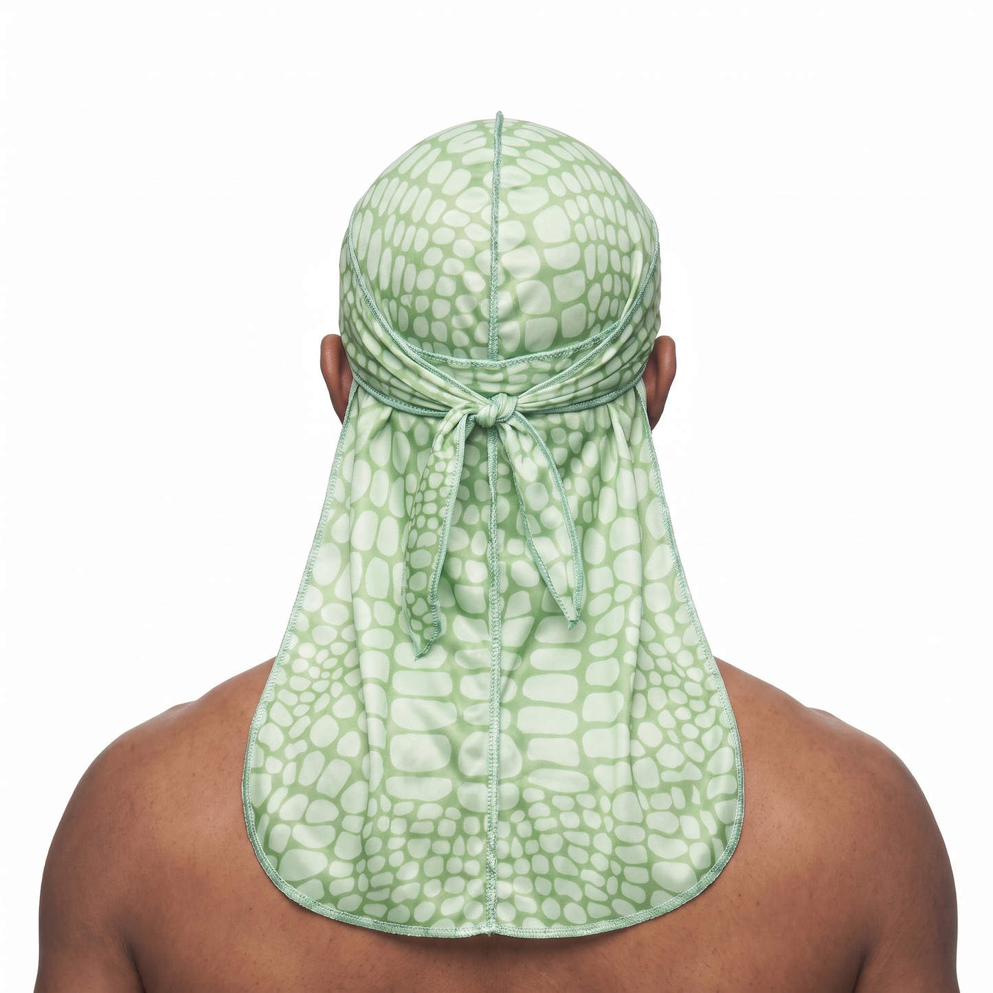 Green crocodile skin Satin Silky Durag worn by male model, back view showing tied wrap and tail