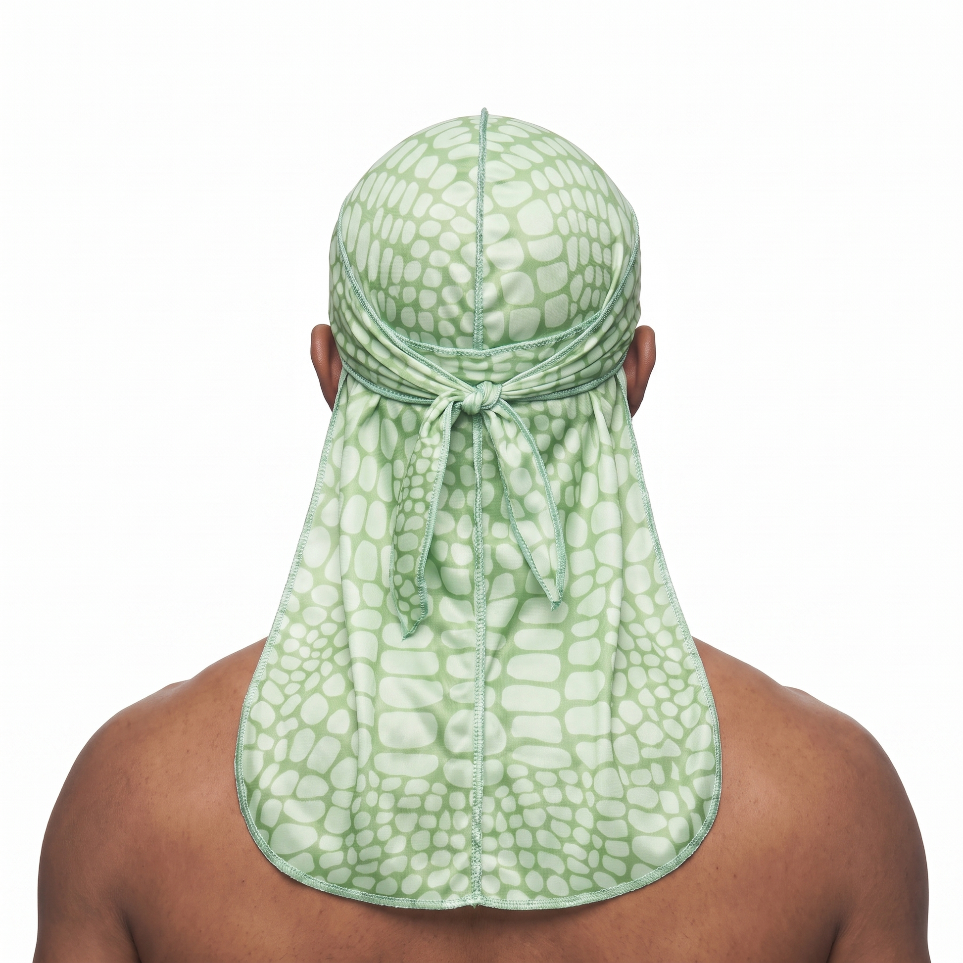 Green crocodile skin Satin Silky Durag worn by male model, back view showing tied wrap and tail