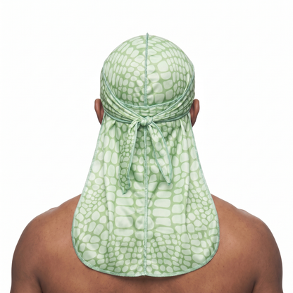 Green crocodile skin Satin Silky Durag worn by male model, back view showing tied wrap and tail