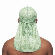 Green crocodile skin Satin Silky Durag worn by male model, back view showing tied wrap and tail
