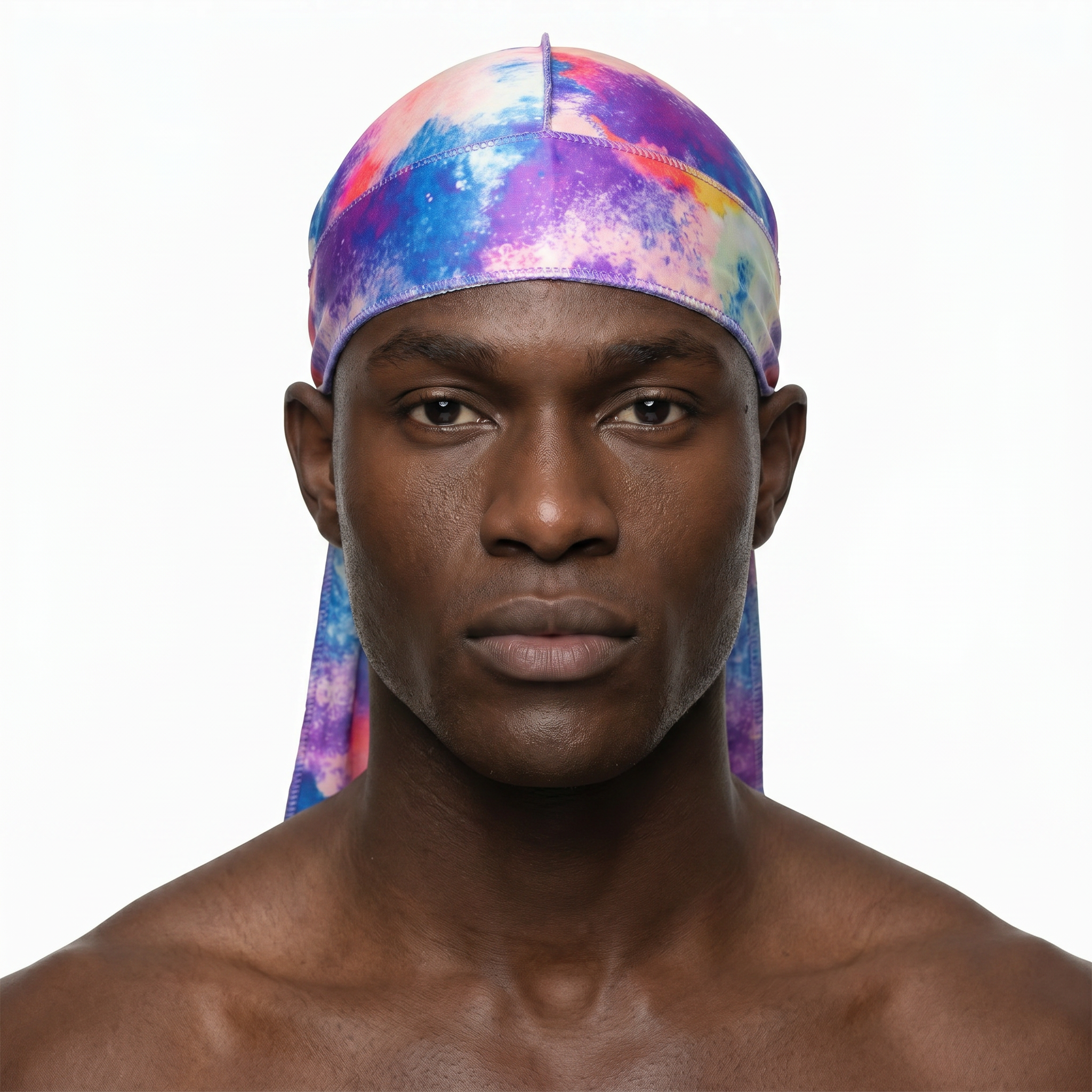 Pastel Cool Satin Silky Durag worn by male model, front view on white background