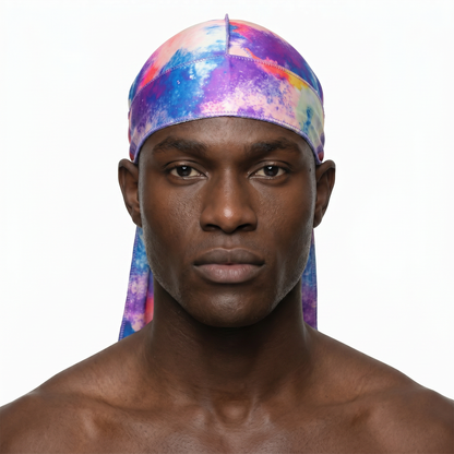 Pastel Cool Satin Silky Durag worn by male model, front view on white background