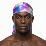 Pastel Cool Satin Silky Durag worn by male model, front view on white background