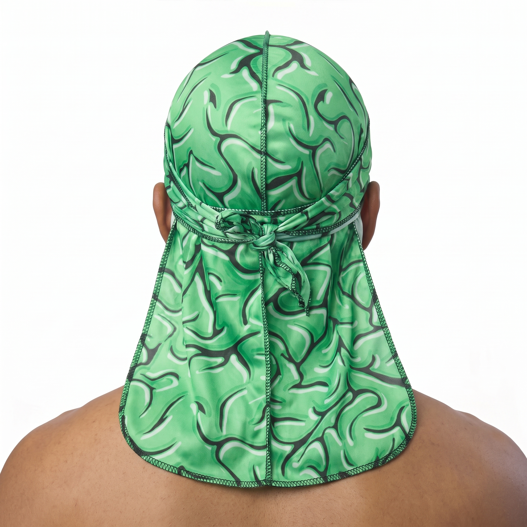 Green Brains graphic Satin Silky Durag worn by male model, back view showing tied wrap and tail