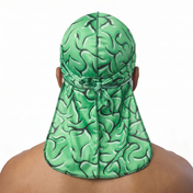 Green Brains graphic Satin Silky Durag worn by male model, back view showing tied wrap and tail