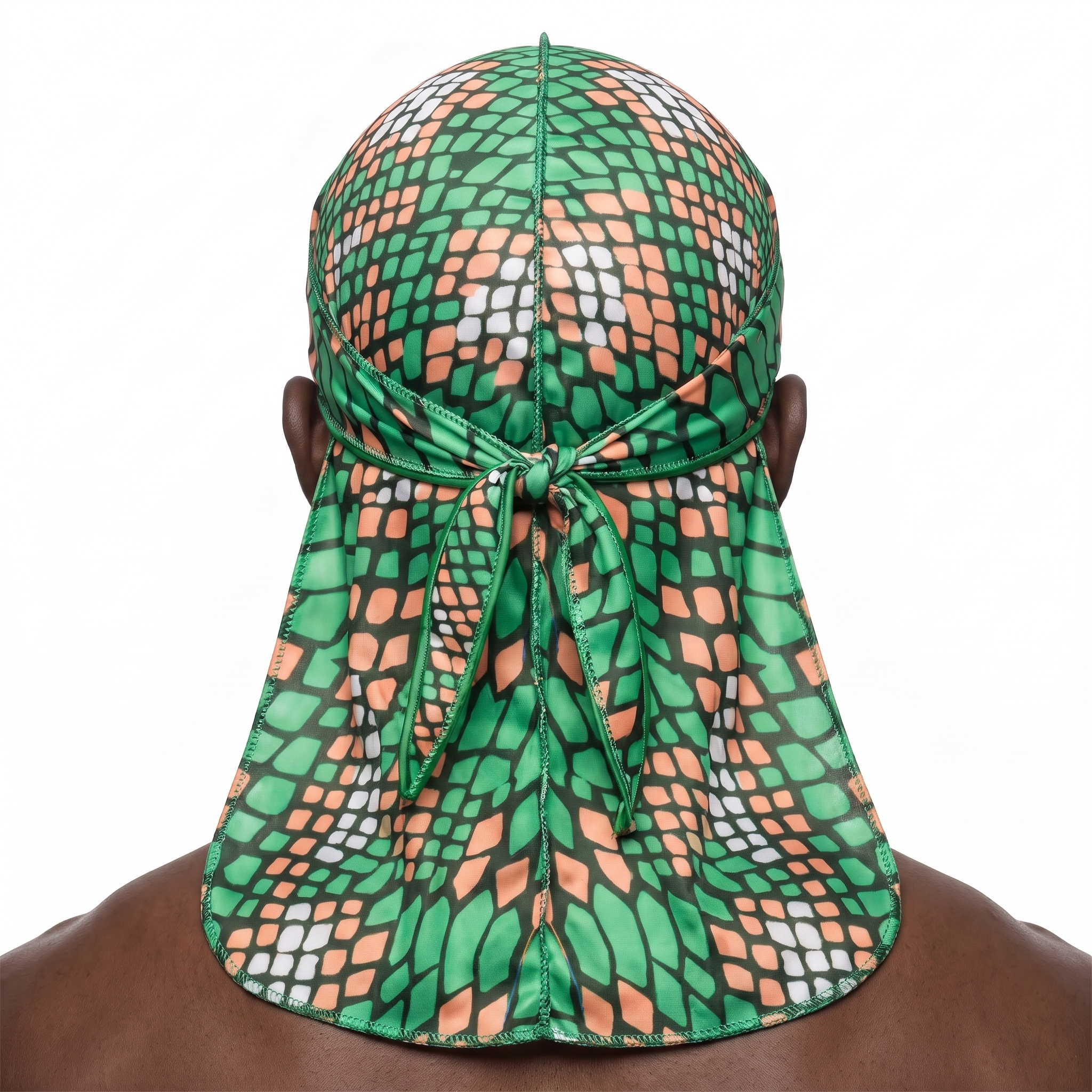 Green and Orange Famu reptile snakeskin Satin Silky Durag worn by male model, back view showing tied wrap and tail