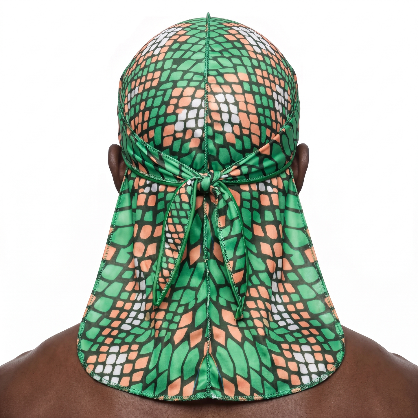Green and Orange Famu reptile snakeskin Satin Silky Durag worn by male model, back view showing tied wrap and tail
