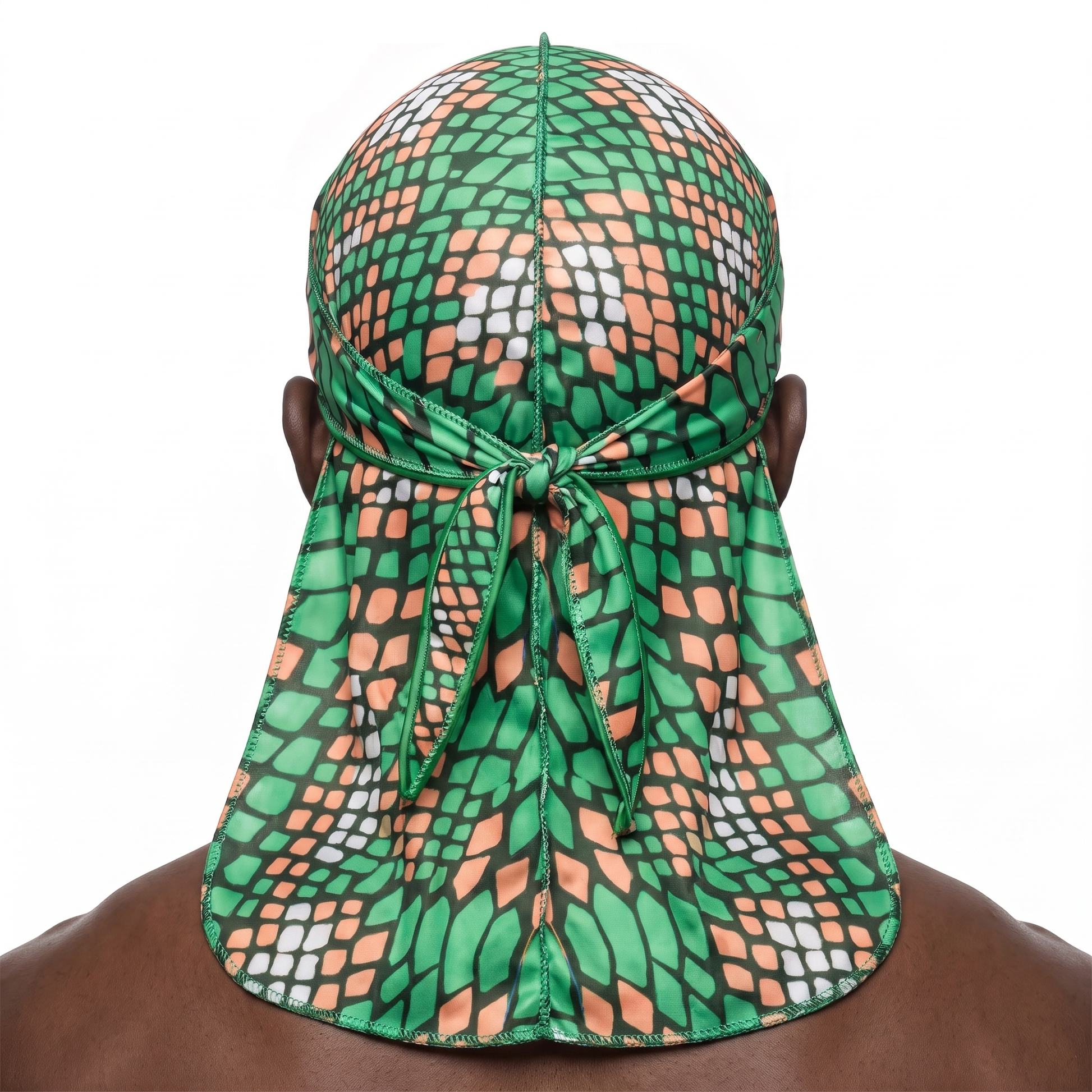 Green and Orange Famu reptile snakeskin Satin Silky Durag worn by male model, back view showing tied wrap and tail