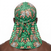 Green and Orange Famu reptile snakeskin Satin Silky Durag worn by male model, back view showing tied wrap and tail