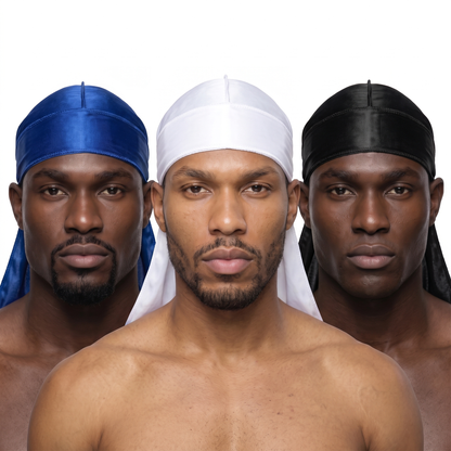 Premium Silk Durag Bundle True Blue - three models wearing True Blue, White and Black heavy silky durags