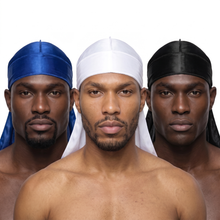 Premium Silk Durag Bundle True Blue - three models wearing True Blue, White and Black heavy silky durags