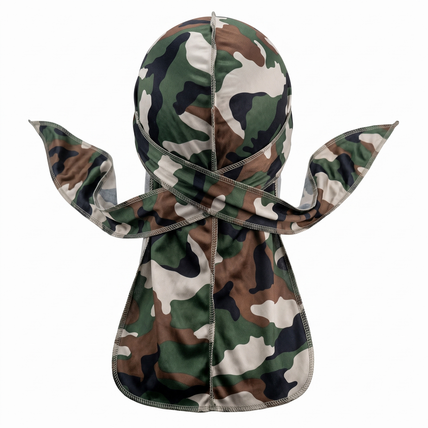 Elite Pattern Camo Durag - premium durag back view showing wrap straps, tail and stitching
