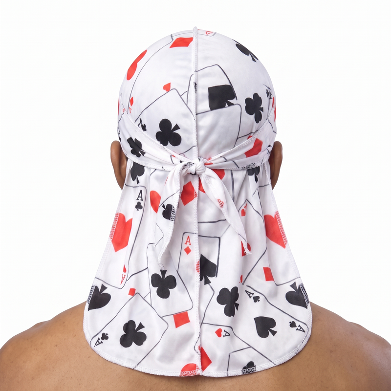 Ace playing card graphic Satin Silky Durag worn by male model, back view showing tied wrap and tail