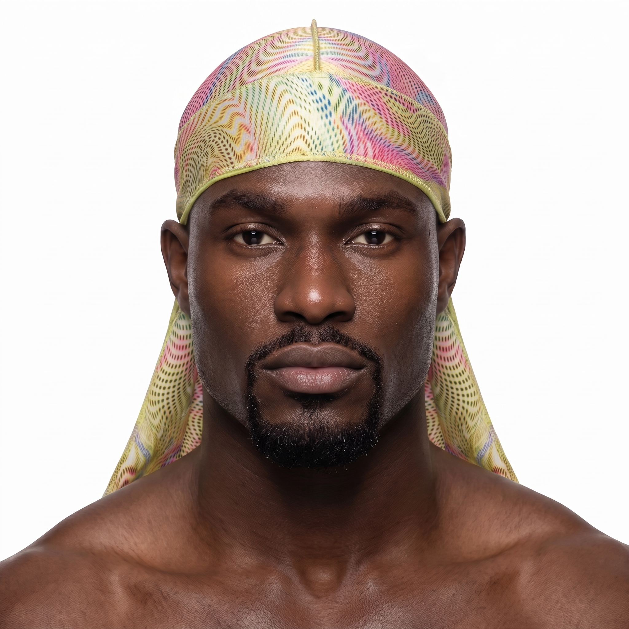 Warm-tone optical illusion swirl Satin Silky Durag worn by male model, front view on white background