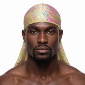 Warm-tone optical illusion swirl Satin Silky Durag worn by male model, front view on white background