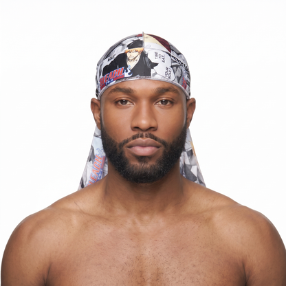 Bleach anime graphic Satin Silky Durag worn by male model, front view on white background