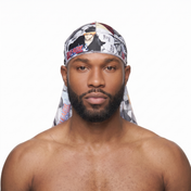 Bleach anime graphic Satin Silky Durag worn by male model, front view on white background
