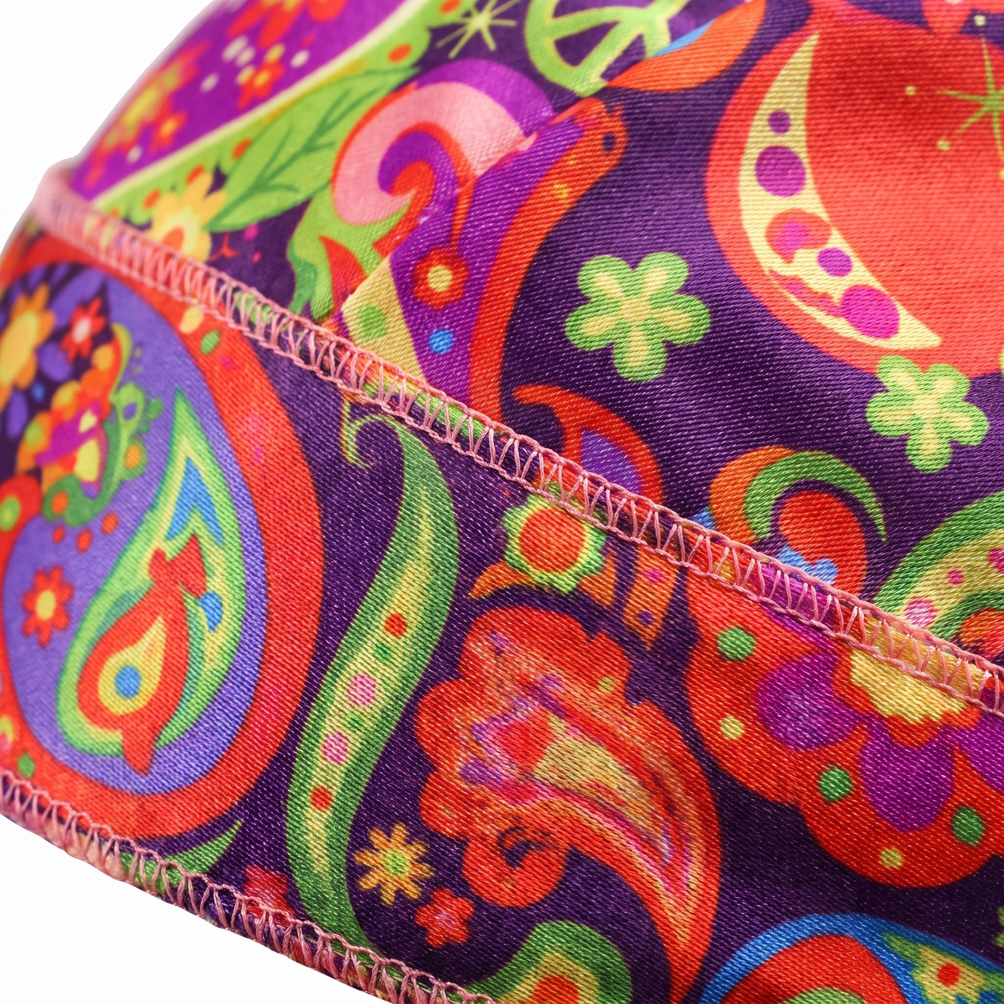 Black Hippie graphic Satin Silky Durag fabric close-up showing Black Hippie graphic print and stitching detail