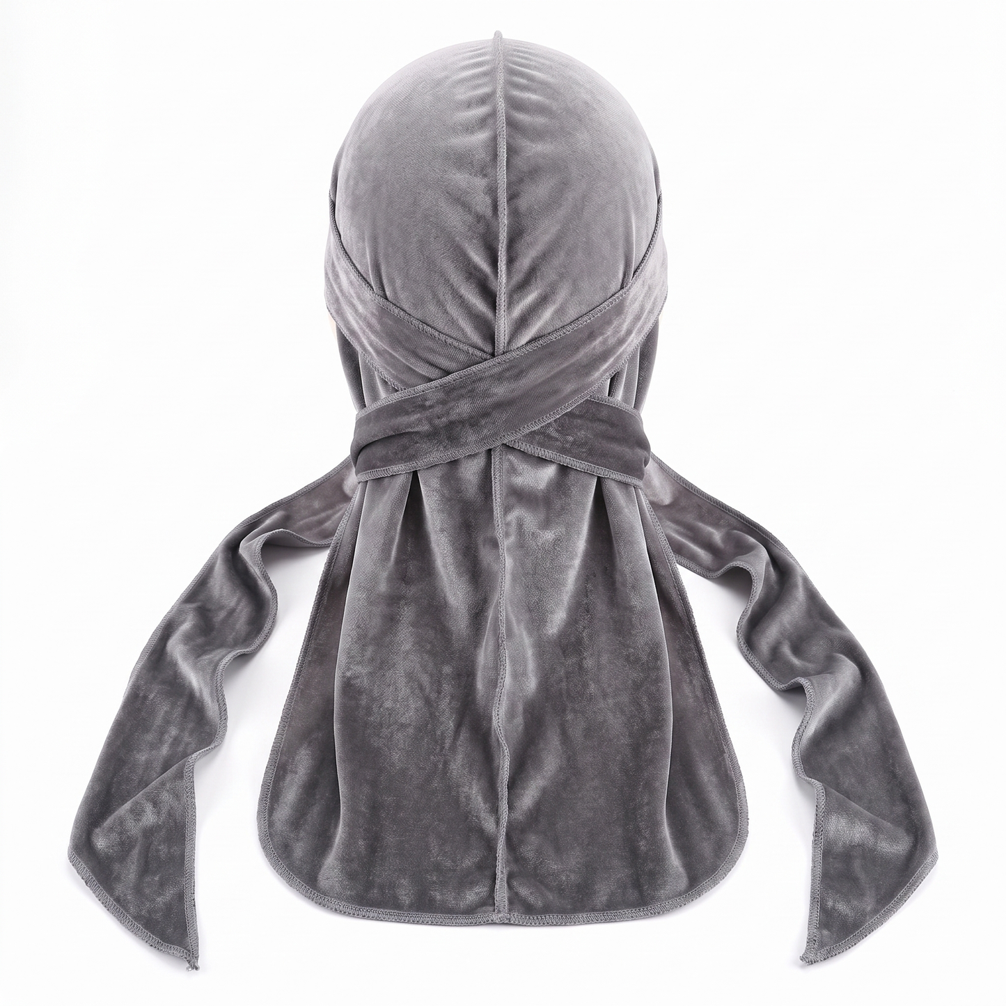 Premium Grey Velvet Durag - premium velvet durag back view showing wrap straps, tail and stitching