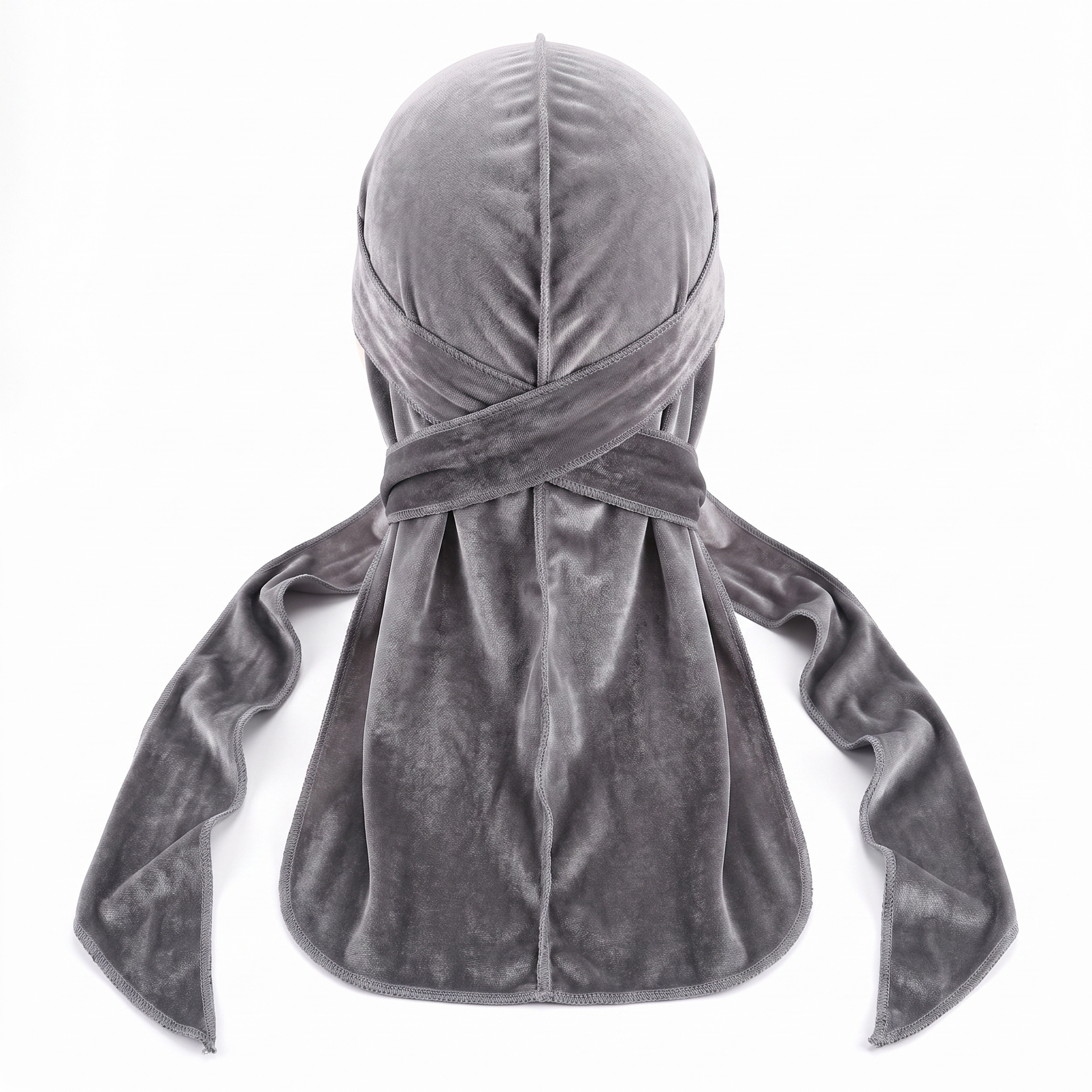 Premium Grey Velvet Durag - premium velvet durag back view showing wrap straps, tail and stitching