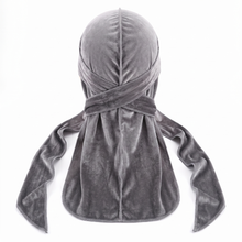 Premium Grey Velvet Durag - premium velvet durag back view showing wrap straps, tail and stitching