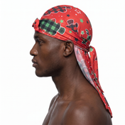 Christmas Time Red holiday Satin Silky Durag worn by male model, side profile showing fit and tail drape