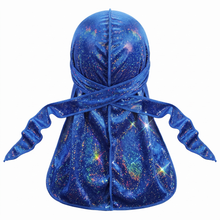 Premium Blue Hologram Sparkle Velvet Durag - premium durag back view showing wrap straps, tail and stitching