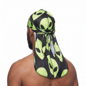 Alien Black graphic Satin Silky Durag worn by male model, back view showing tied wrap and tail