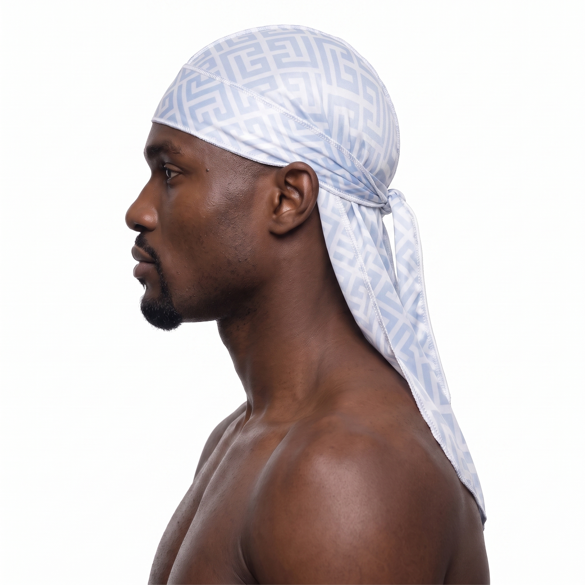 Light Blue Maze geometric Satin Silky Durag worn by male model, side profile showing fit and tail drape