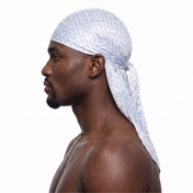 Light Blue Maze geometric Satin Silky Durag worn by male model, side profile showing fit and tail drape