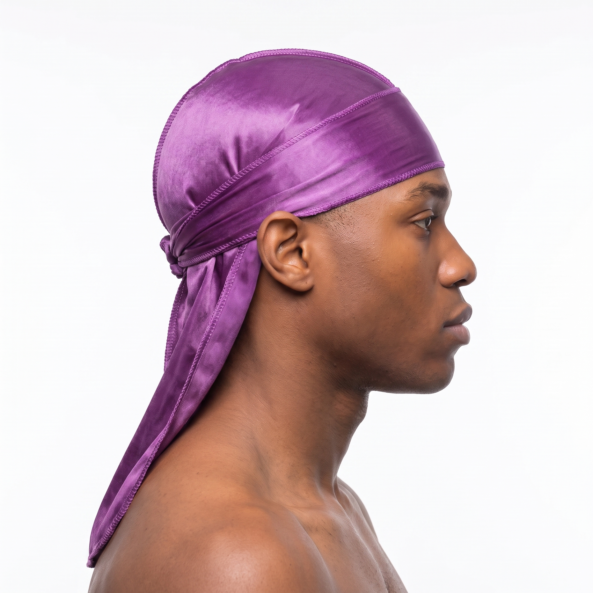 Premium Silk Durag Passion Purple worn by male model, side profile showing fit and tail drape