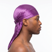 Premium Silk Durag Passion Purple worn by male model, side profile showing fit and tail drape