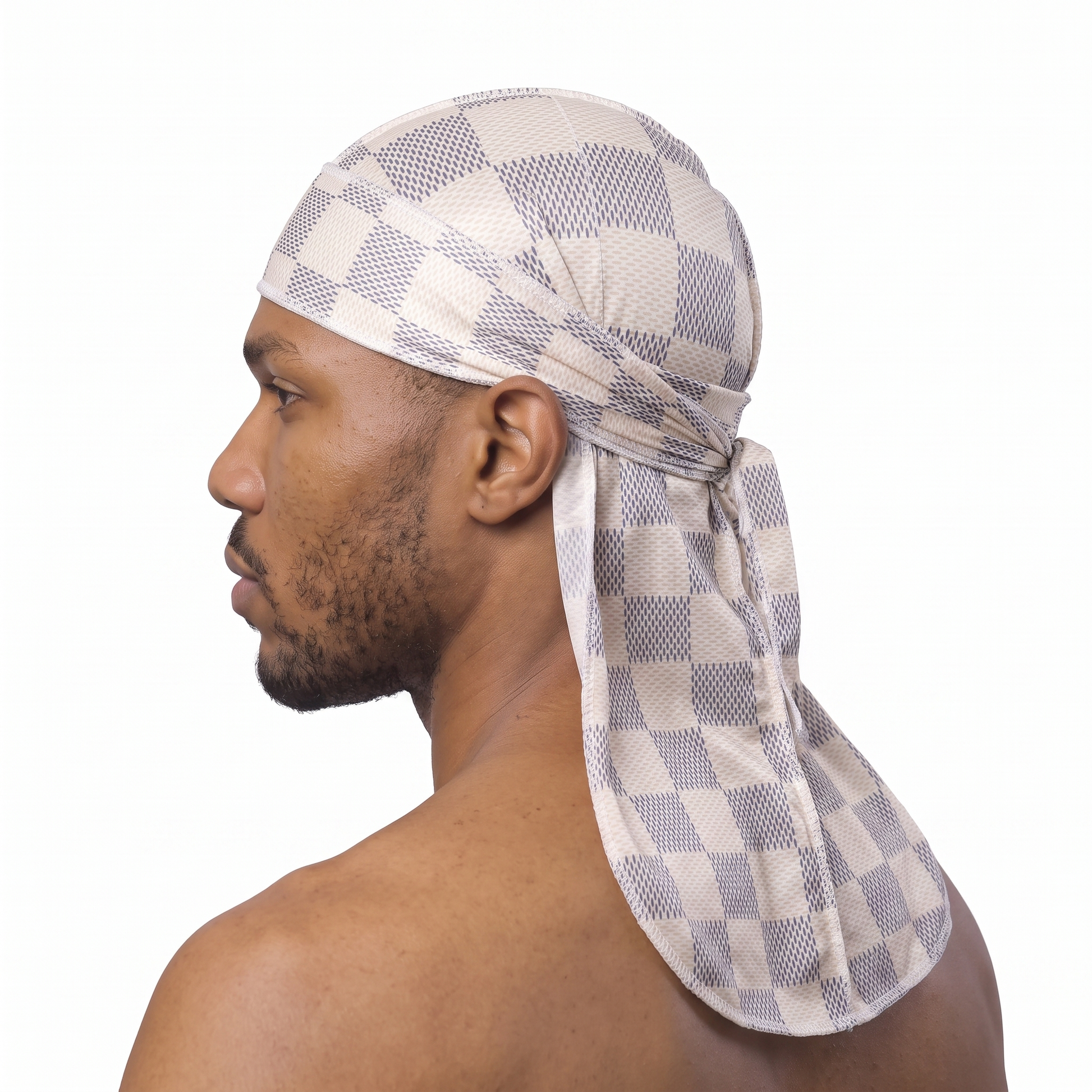 Checkered Cream Satin Silky Durag worn by male model, side profile showing fit and tail drape
