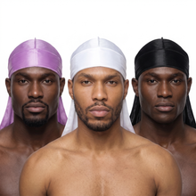 Premium Silk Durag Bundle Lavender Purple - three models wearing Lavender Purple, White and Black heavy silky durags