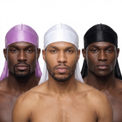 Premium Silk Durag Bundle Lavender Purple - three models wearing Lavender Purple, White and Black heavy silky durags