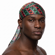 Juneteenth 1.0 red black and green Satin Silky Durag worn by male model, front view on white background
