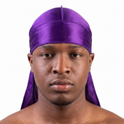 Premium Concord Purple Silk Durag worn by male model, front view on white background