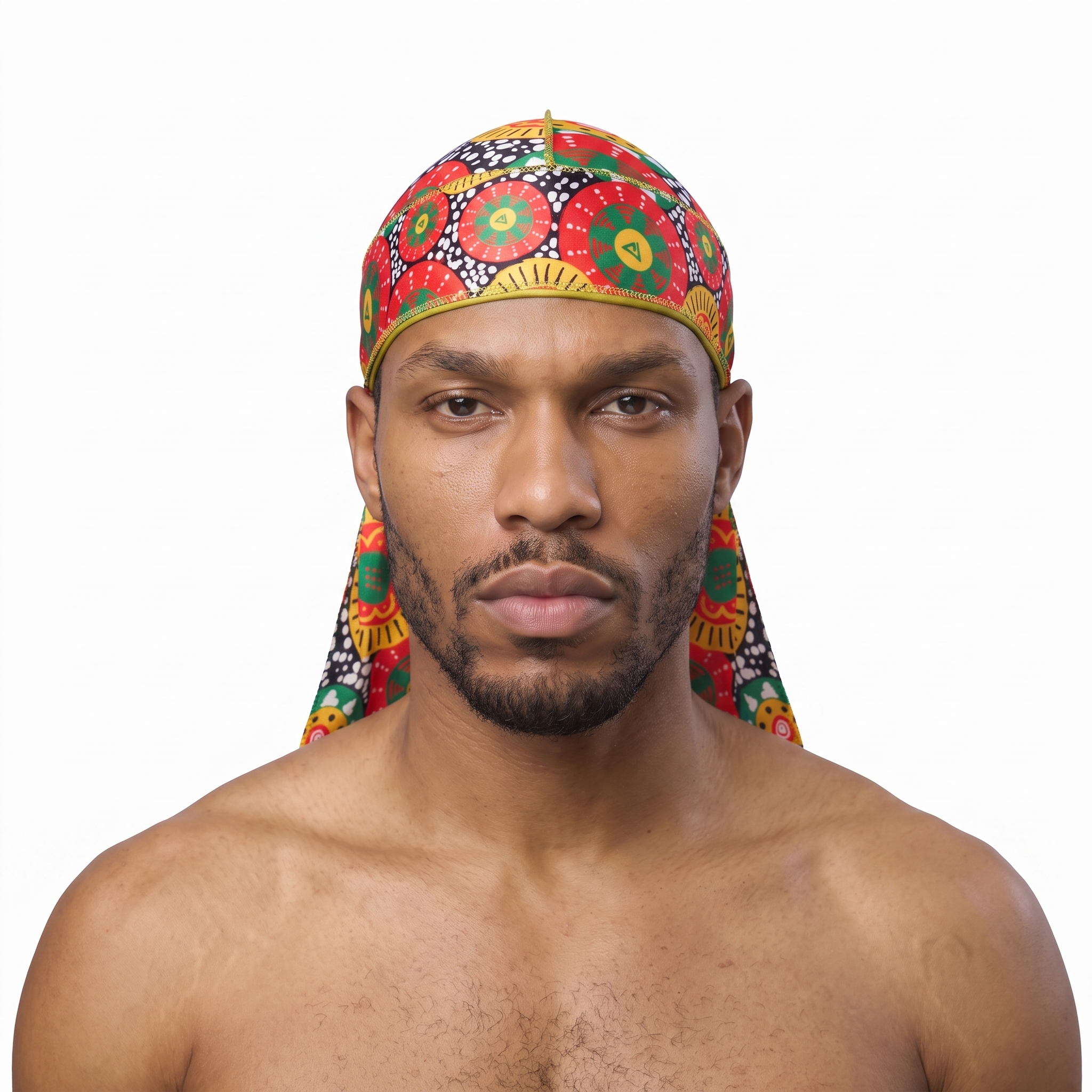 Juneteenth 4.0 red black and green Satin Silky Durag worn by male model, front view on white background