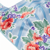 Denim Jean Retro Roses floral Satin Silky Durag fabric close-up showing Denim Jean Retro Roses floral print and stitching detail