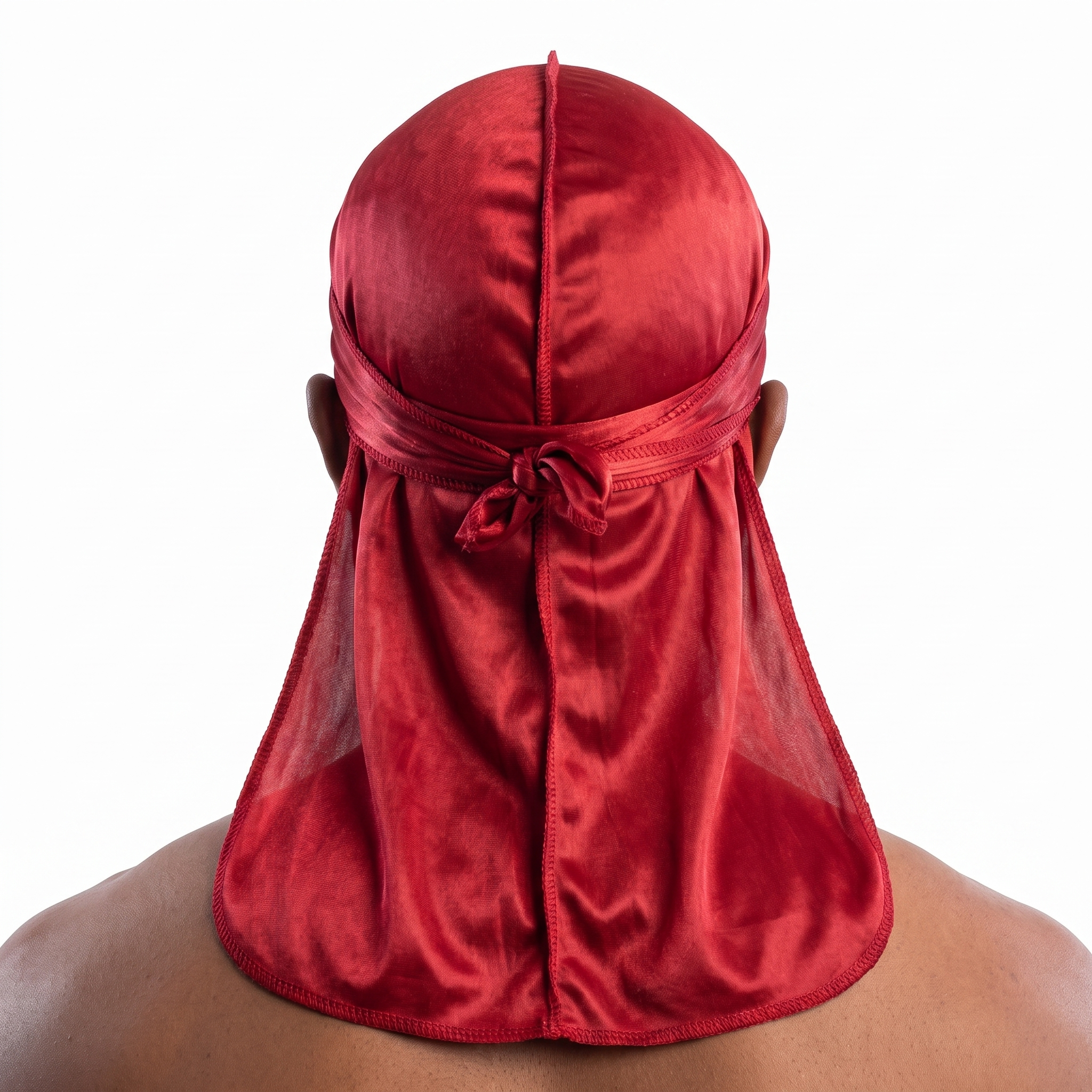 Premium Red Silk Durag worn by male model, back view showing tied wrap and tail