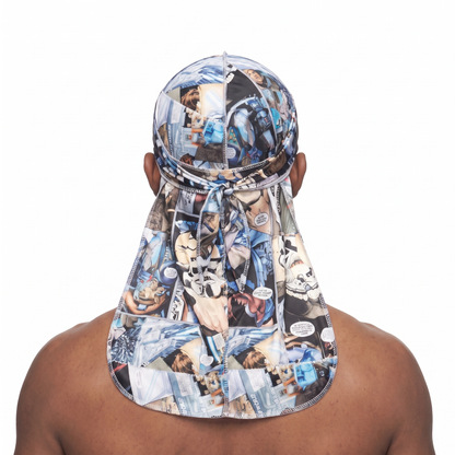 Star Wars space graphic Satin Silky Durag worn by male model, back view showing tied wrap and tail