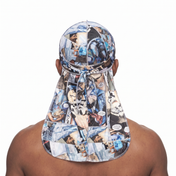 Star Wars space graphic Satin Silky Durag worn by male model, back view showing tied wrap and tail