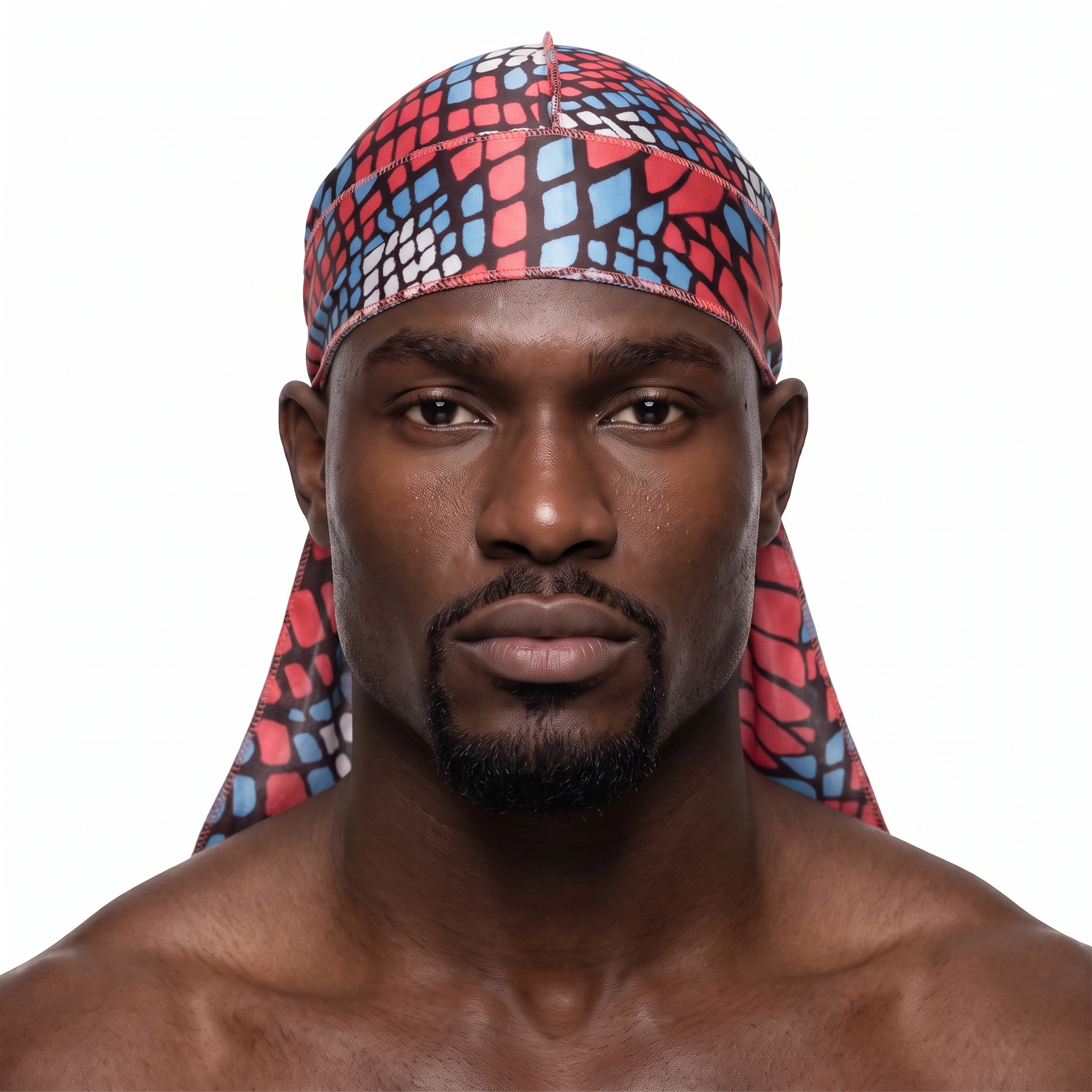Red and Blue reptile snakeskin Satin Silky Durag worn by male model, front view on white background